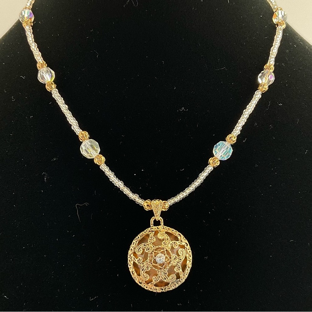 Host Pick! Antique Gold Filigree Pendant Necklace With Aurora Borealis Crystals - Picture 4 of 13